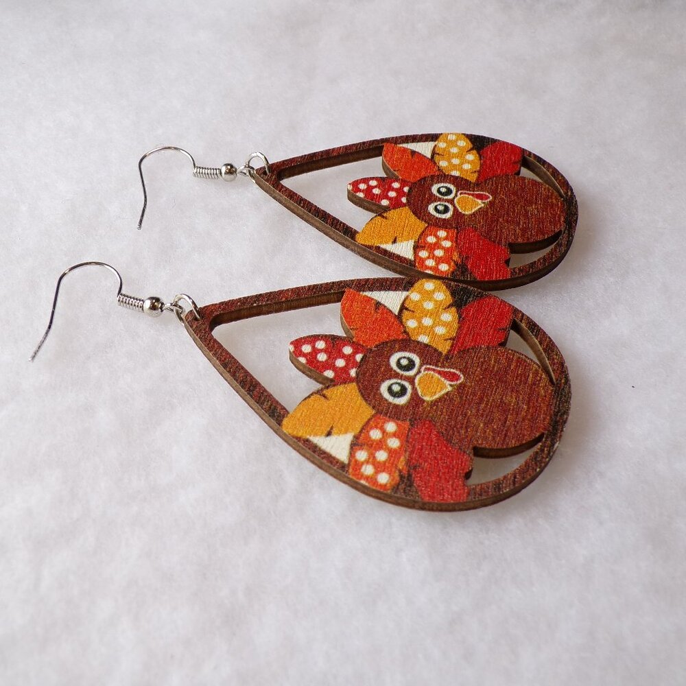 Thanksgiving Turkey Earrings Wood Dangle Teardrop - Picture 2 of 4